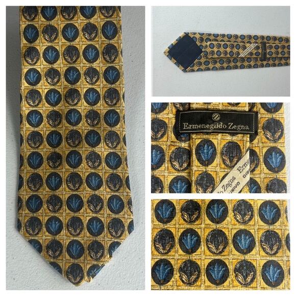 Ermenegildo Zegna Men's 100% Silk Yellow with Floral/ Geometric Pattern Tie - Picture 1 of 10